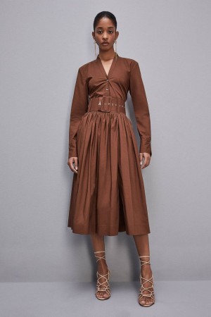 Patrizia Pepe Midi Flared Skirt With Belt καφε | VNJBWPO-19