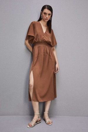 Patrizia Pepe Satin Dress With Smock Stitching καφε | SKLOFRH-78