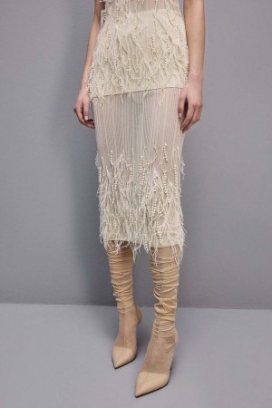 Patrizia Pepe Skirt With Feather And Pearl Embroidery ασπρα | SUBIQAD-52