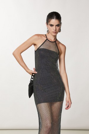 Patrizia Pepe Sleeveless Rhinestone Mesh Dress μαυρα | ZEXAQDP-12