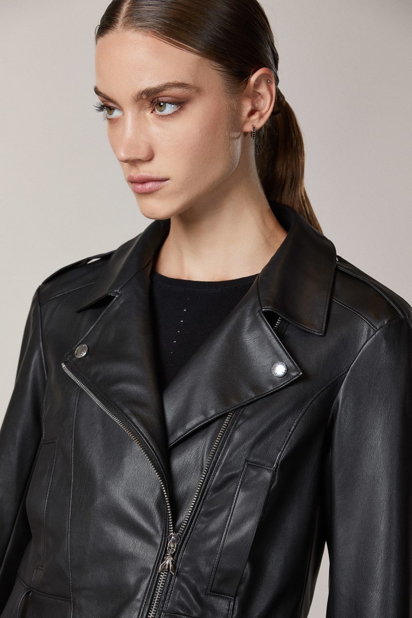 Patrizia Pepe Coated Fabric Biker Jacket μαυρα | IJYVBNT-87