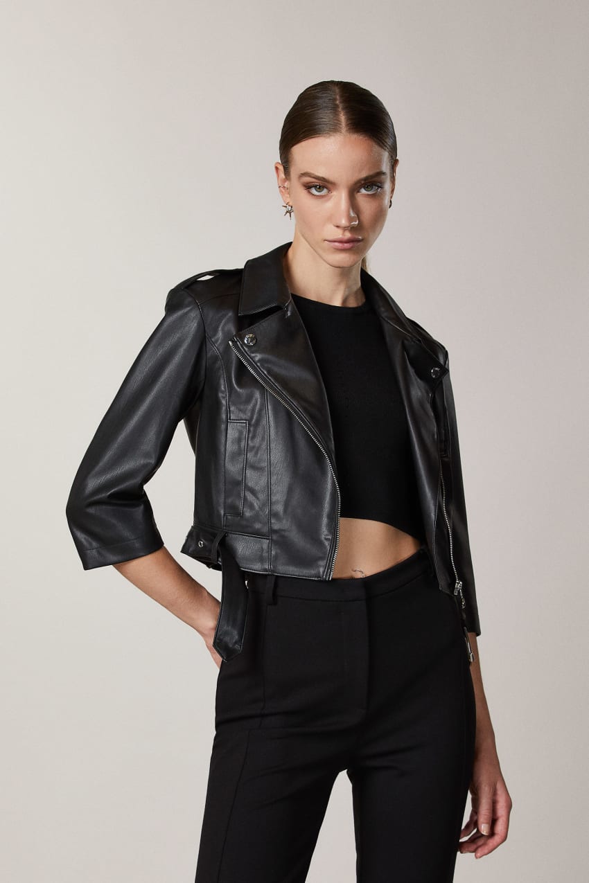 Patrizia Pepe Coated Fabric Biker Jacket μαυρα | IJYVBNT-87