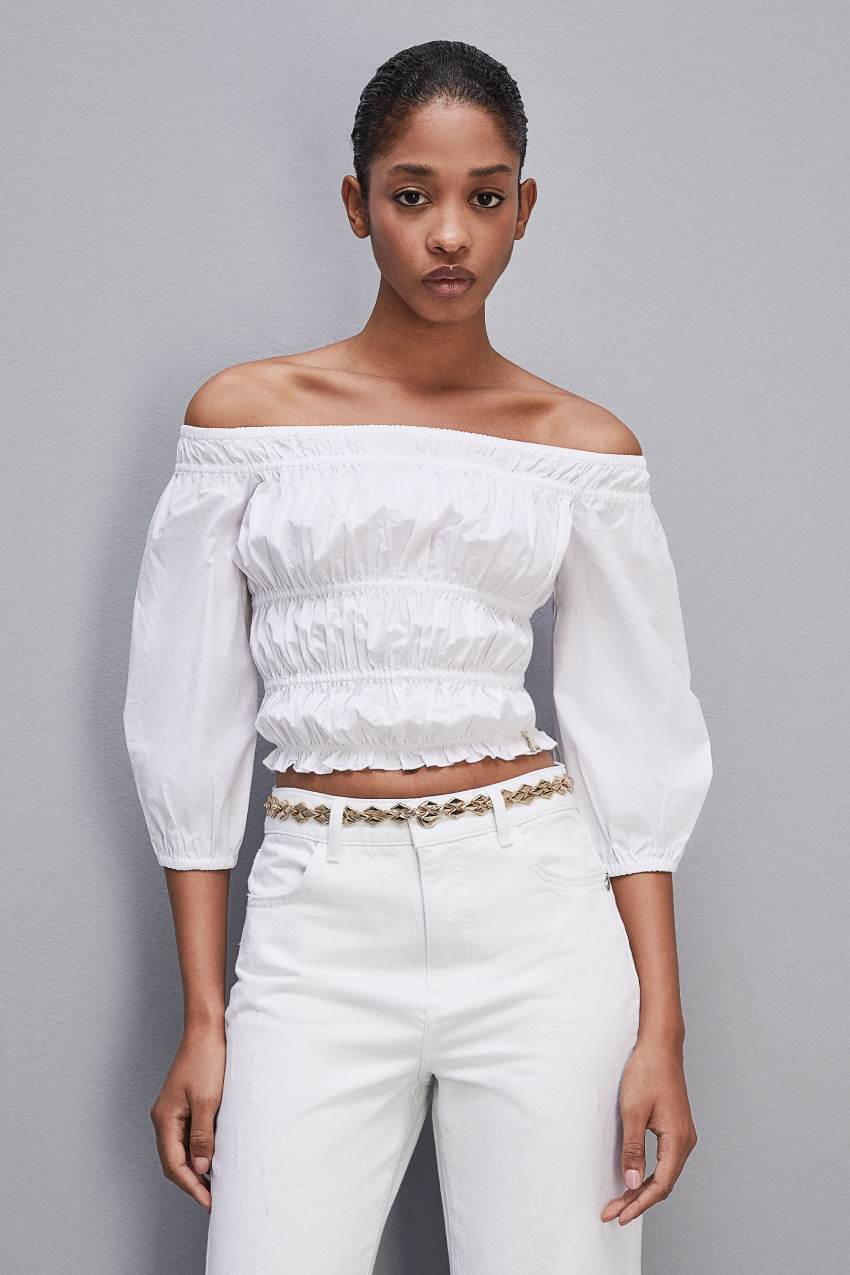 Patrizia Pepe Cotton Off-shoulder Top ασπρα | HWDFSOZ-86