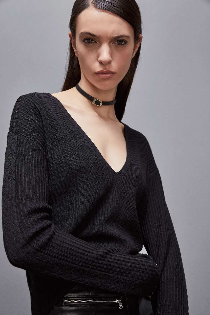 Patrizia Pepe Essential Wool Ribbed Sweater μαυρα | QEZCSHA-31