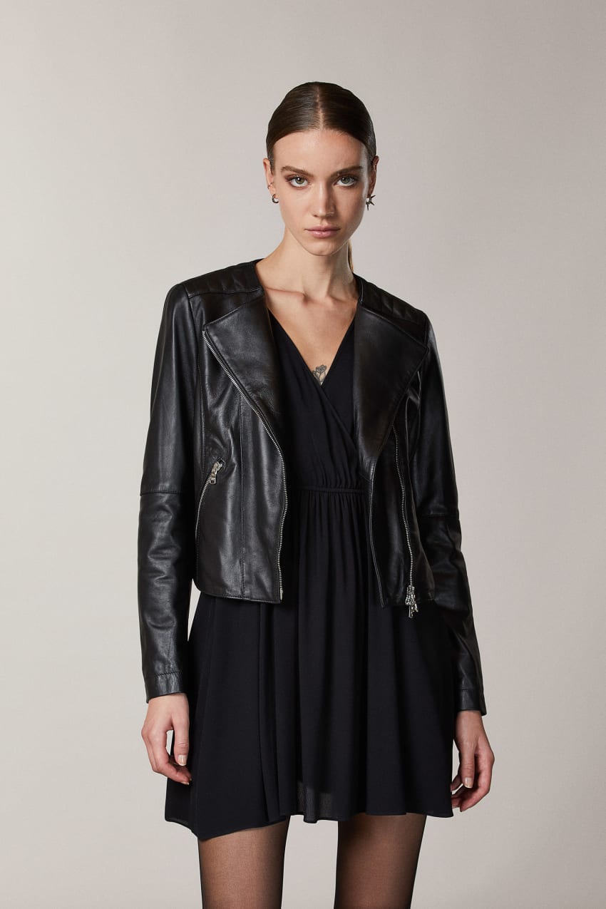 Patrizia Pepe Leather Biker Jacket With Top-stitching μαυρα | EPYKDOJ-90