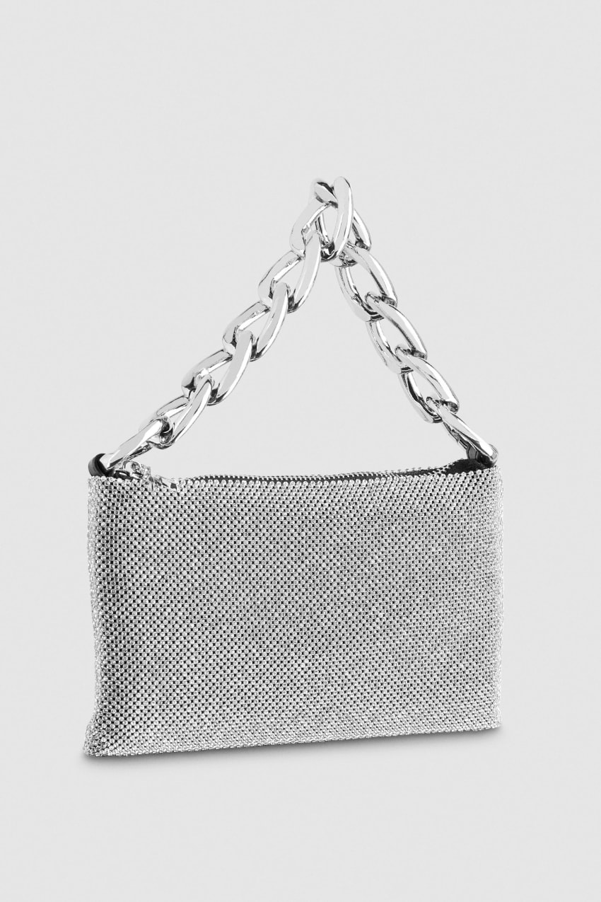 Patrizia Pepe Maxichain Rhinestone Clutch Bag ασημι | HIPLQGR-47