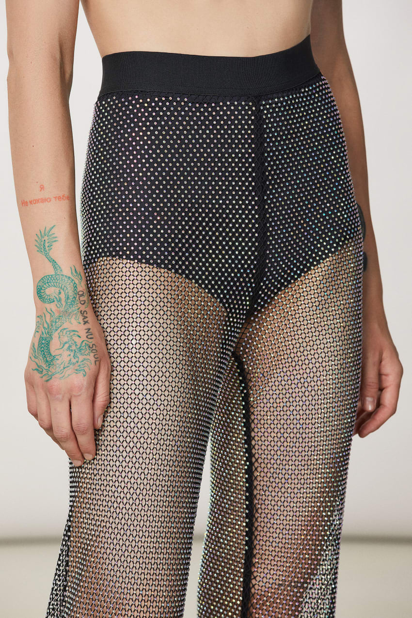 Patrizia Pepe Mesh Pants With Rhinestones μαυρα | VZULSWA-07