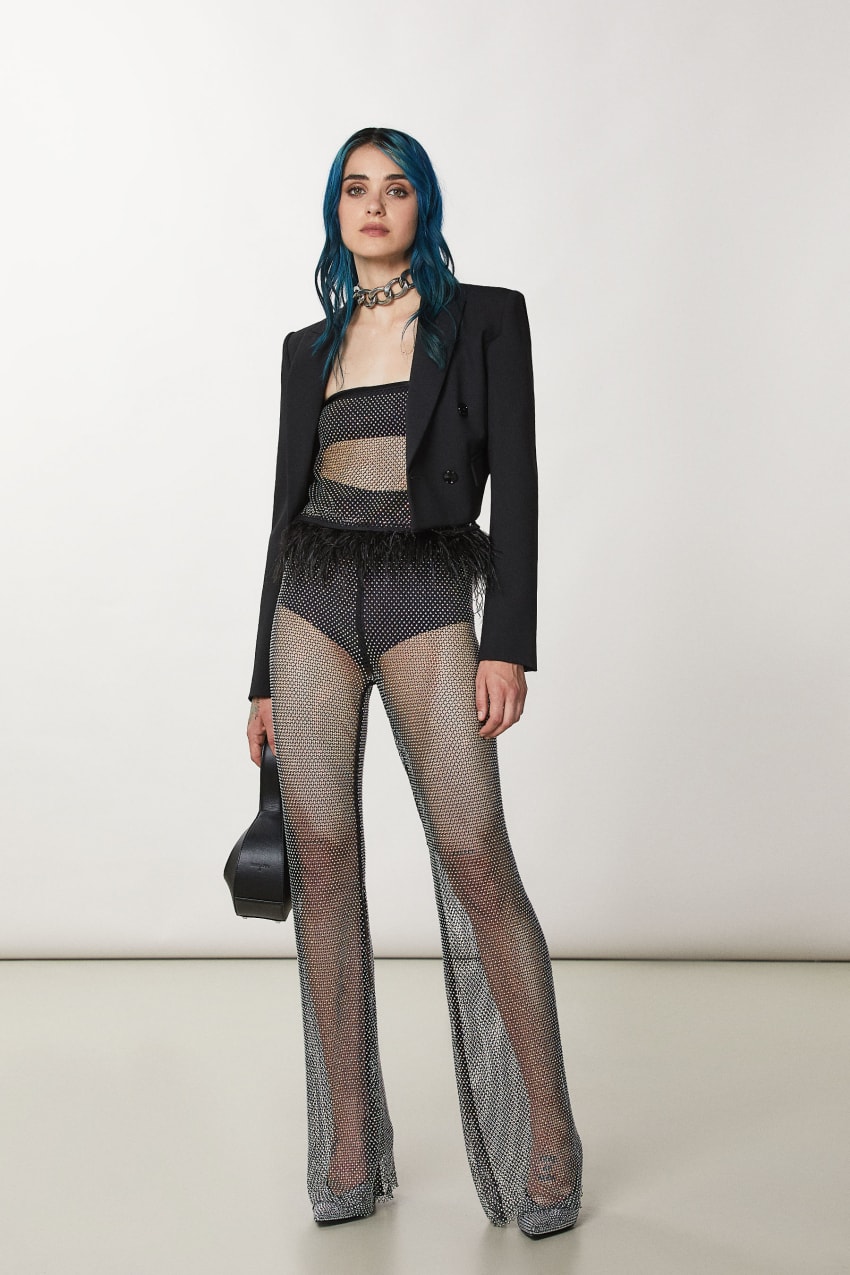 Patrizia Pepe Mesh Pants With Rhinestones μαυρα | VZULSWA-07