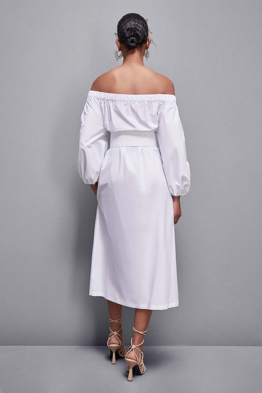 Patrizia Pepe Off-shoulder Dress With Belt ασπρα | MTRBLUK-12