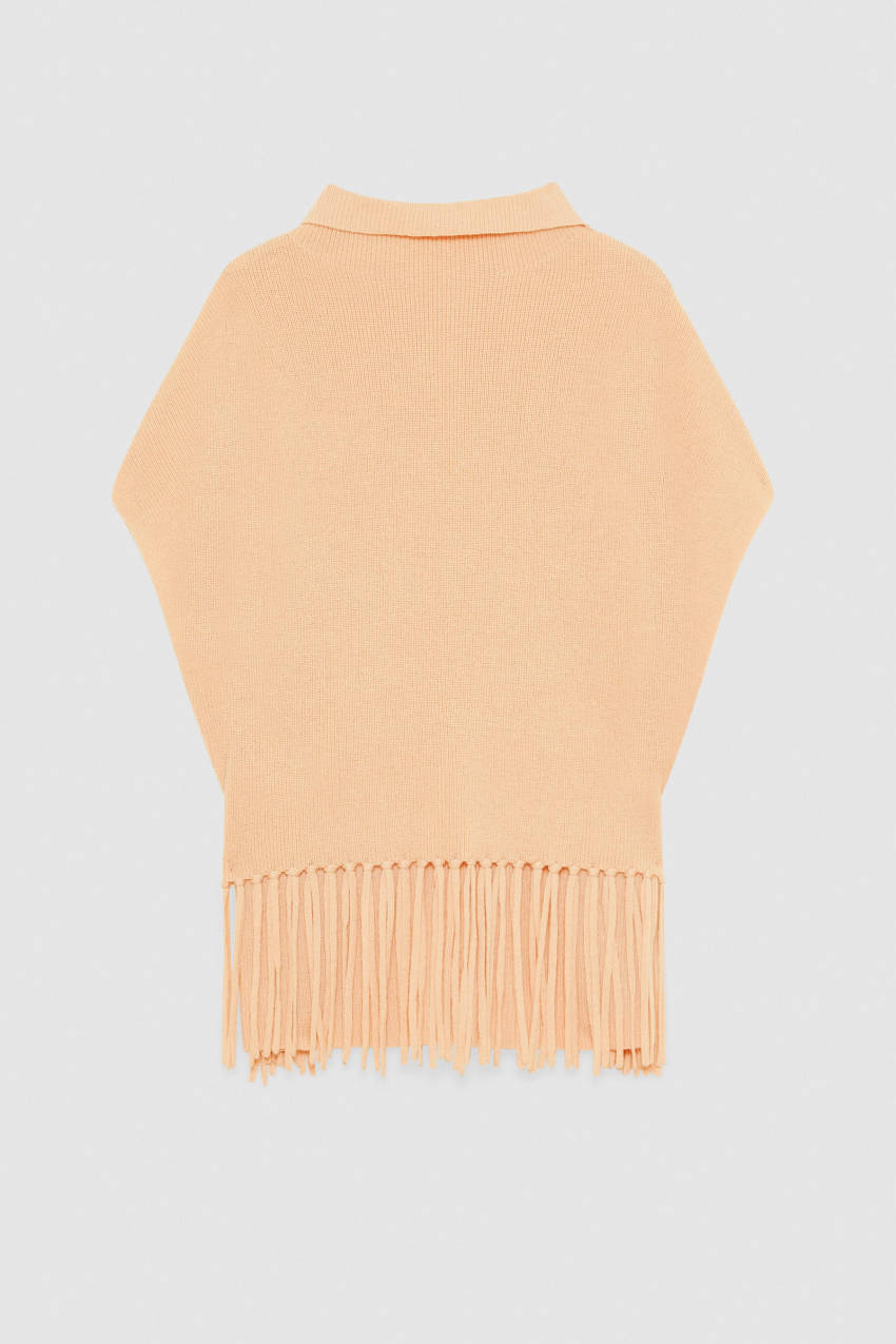 Patrizia Pepe Organic Wool Fringed Poncho Μπεζ | LXSWQDC-25