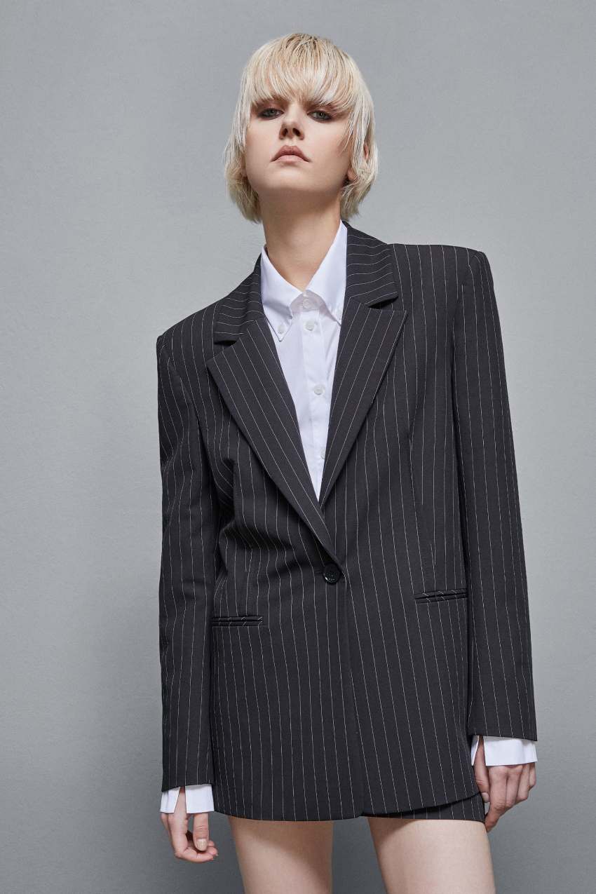 Patrizia Pepe Pinstriped One-button Flannel Blazer μαυρα | ZDTERCM-10