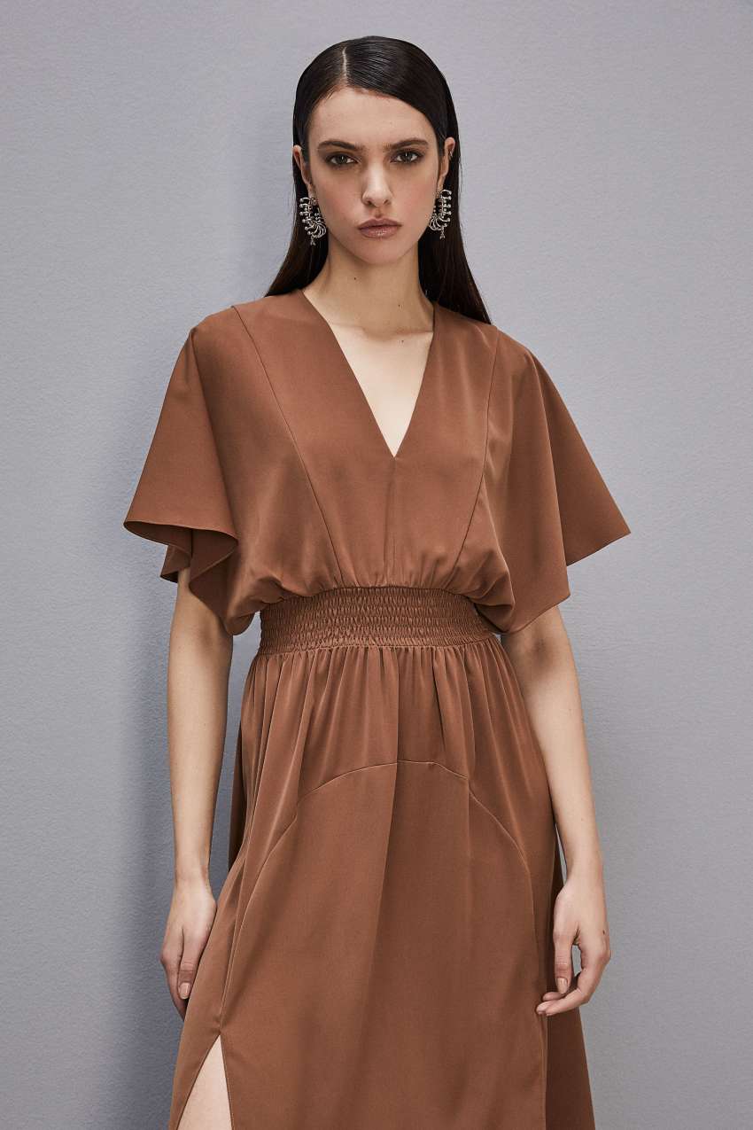 Patrizia Pepe Satin Dress With Smock Stitching καφε | SKLOFRH-78