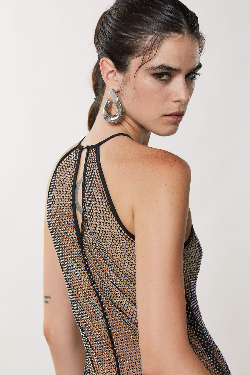 Patrizia Pepe Sleeveless Rhinestone Mesh Dress μαυρα | ZEXAQDP-12