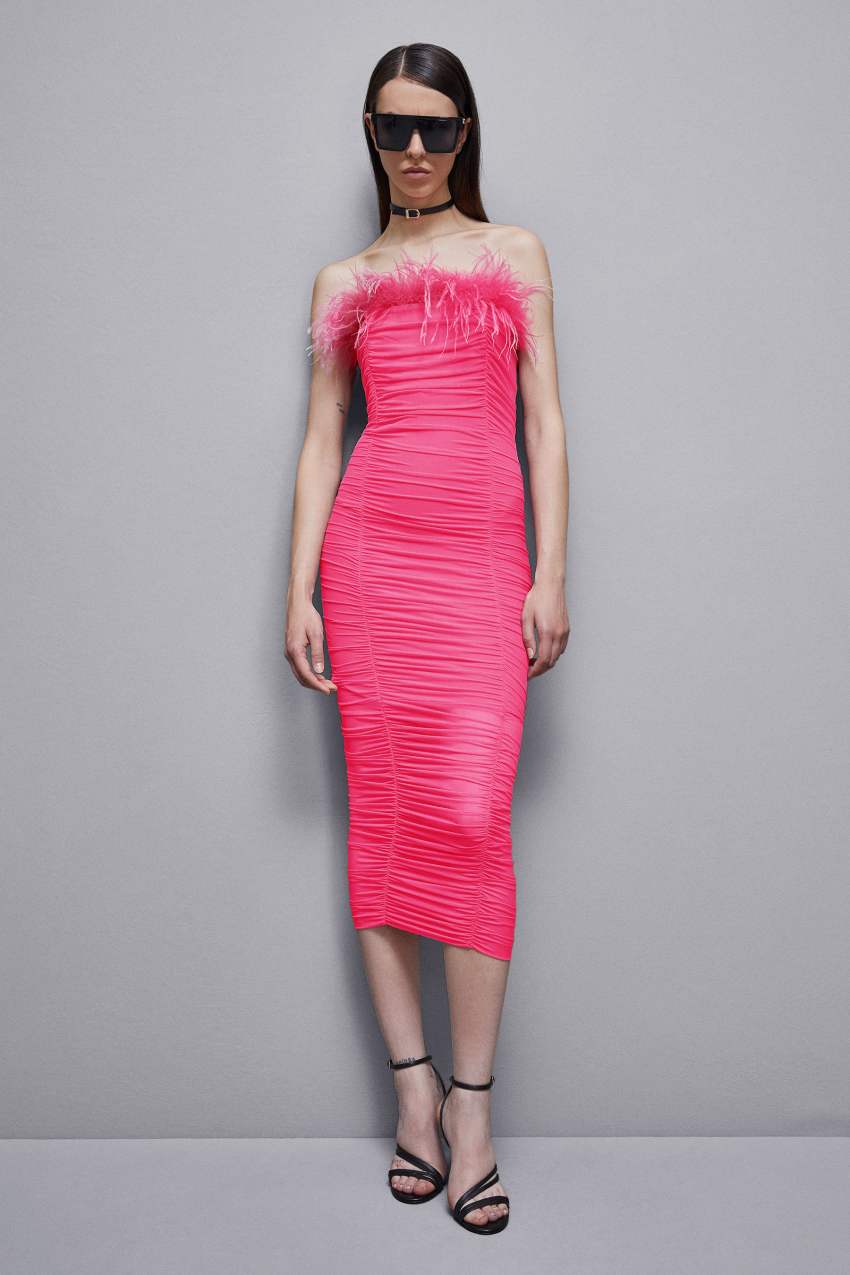 Patrizia Pepe Tulle And Jersey Midi Dress With Feathers ροζ | JXWONUS-76