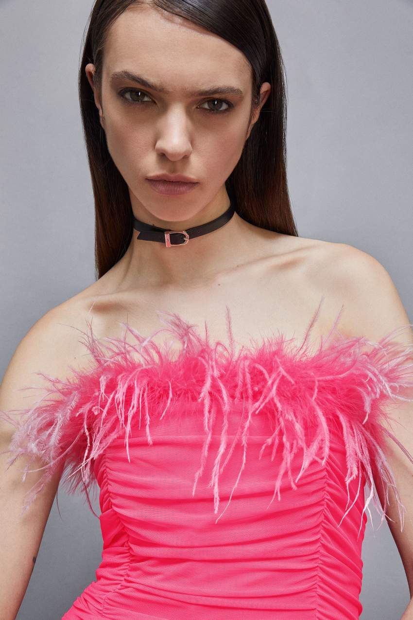 Patrizia Pepe Tulle And Jersey Midi Dress With Feathers ροζ | JXWONUS-76