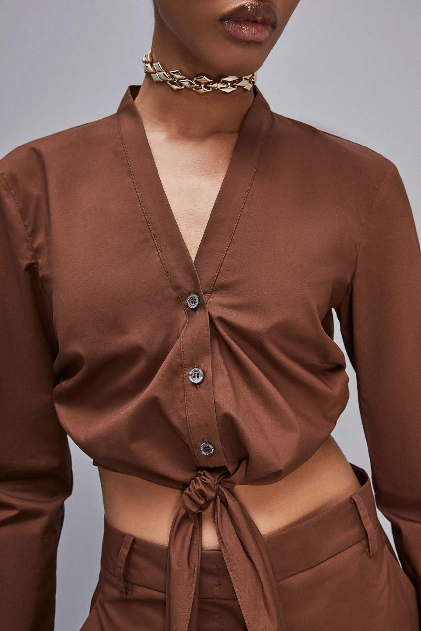 Patrizia Pepe V-neck Shirt With Knot καφε | XYDRWJG-19